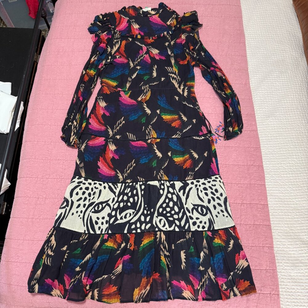 Farm Rio Black Macaws Flight Maxi Dress Tie Neck Leopard Tiered Animal Print XS - Picture 10 of 10